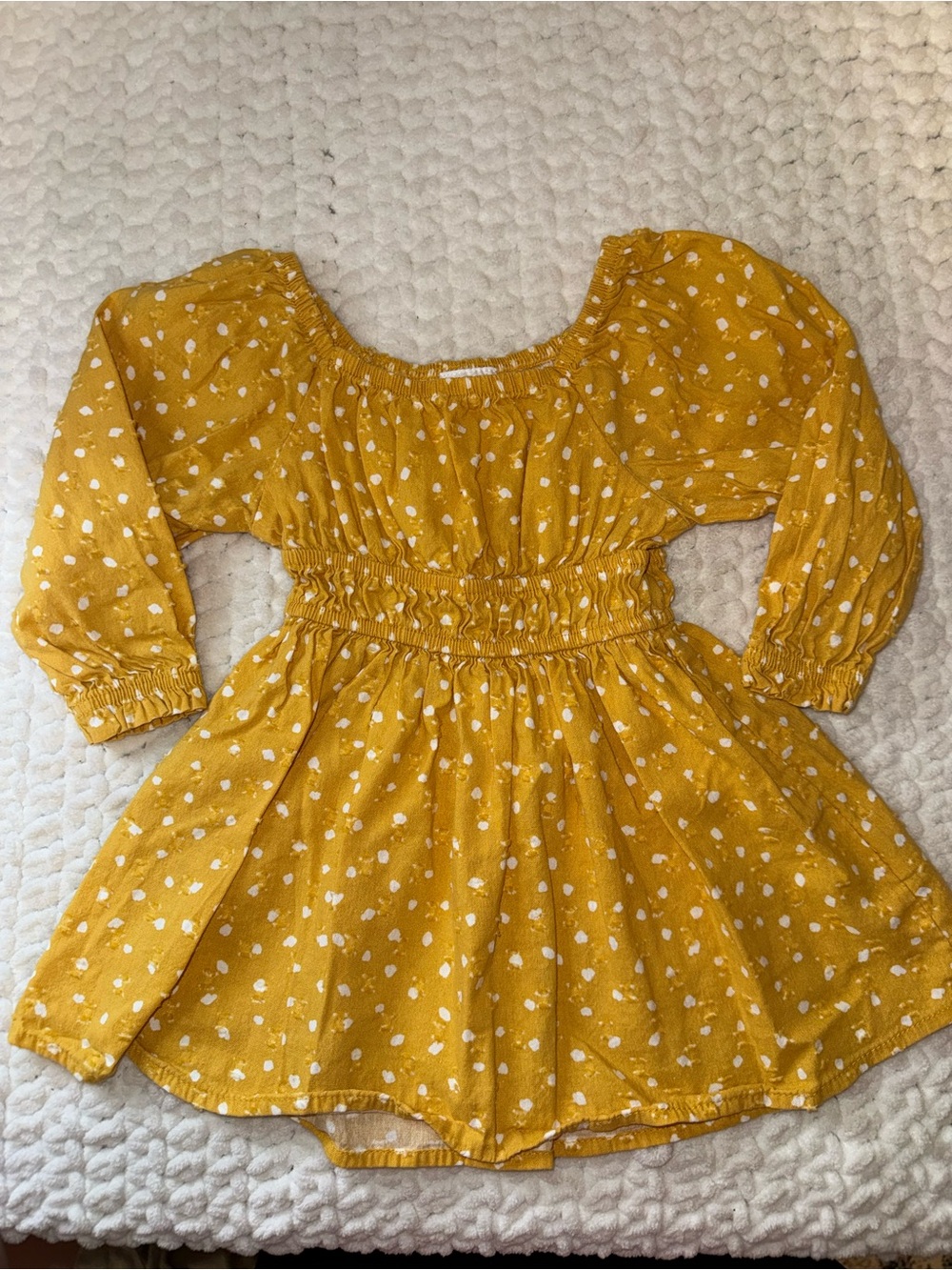 Girls' Mustard Yellow Smocked Waist Dress with Puff Sleeves